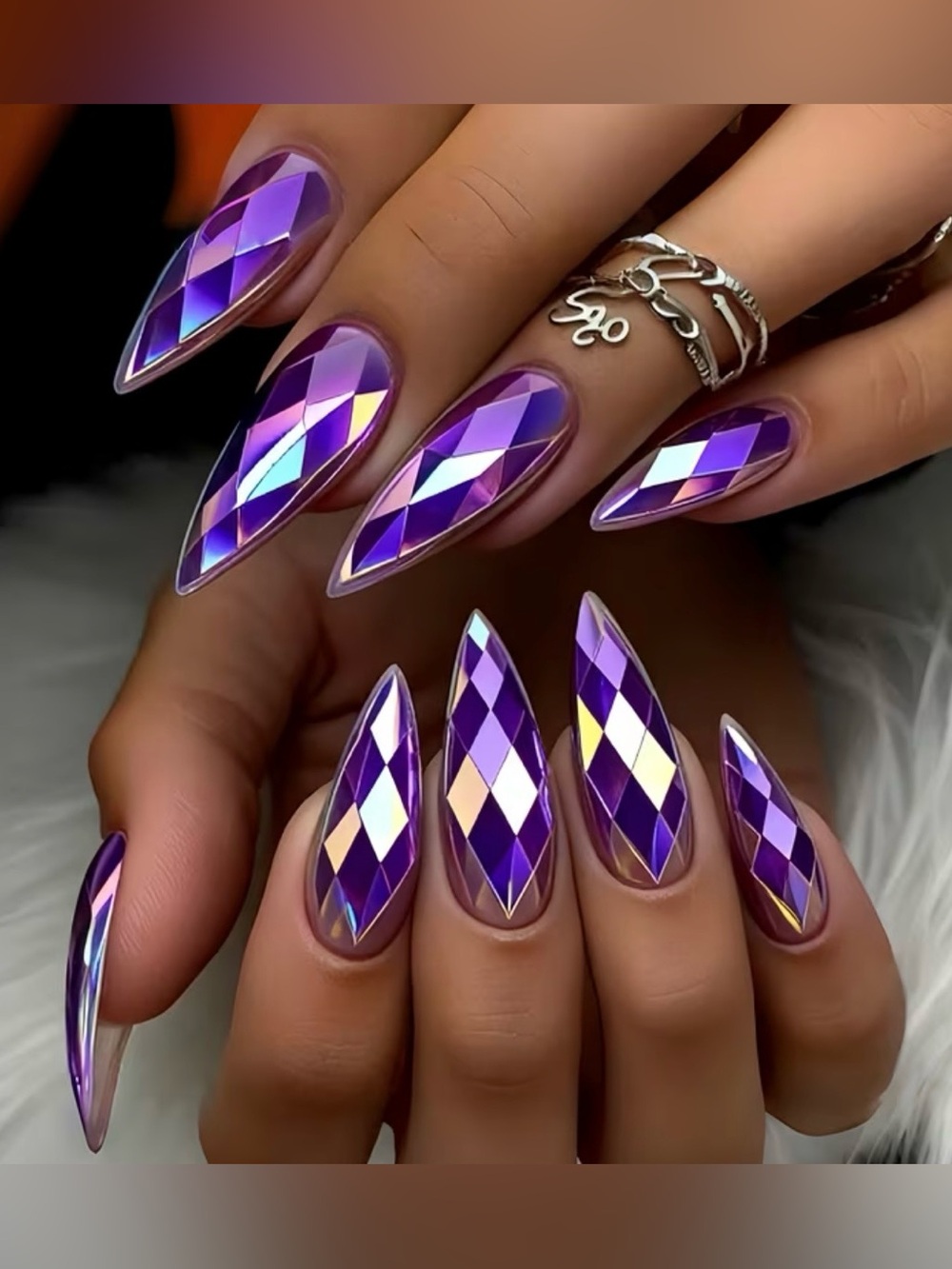 24 pcs 3D Chrome Purple Iridescent  Long Length Almond Press on Nails